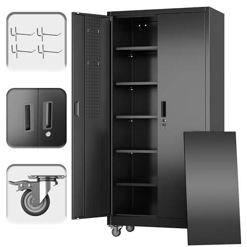 SUXXAN Metal Storage Cabinet with Wheels and Pegboard, 71" Tall Industrial Heavy Duty Steel Cabinet with 5 Adjustable Shelves & Locking Doors for Garage, Office, Pantry, Warehouse, Black - color: Black, size: 16"D x 32"W x 71"H