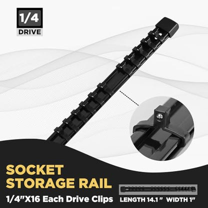 Socket Organizer, 1/4-Inch Drive Heavy Duty Socket Holder Kit ABS, Socket Rail 1/4-Inch x 16 Clips Black, 3 Pieces - color: Black, size: 3PC 1/4x3