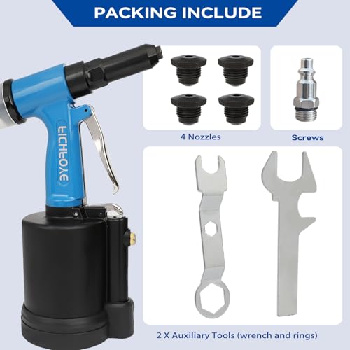 Heavy Duty Pneumatic Rivet Gun with 3/32", 1/8", 5/32", 3/16" Rivet Heads | 3500 lbf Rivet Gun Set for Automotive, Construction, Manufacturing Industries - color: Blue, size: 4 Nozzles