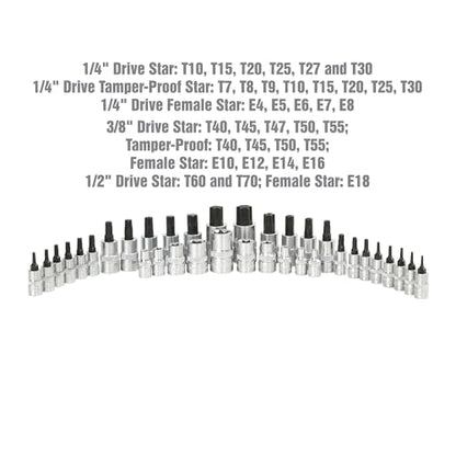 OEMTOOLS 35Pc Multi-Drive Star Socket Set, Heat Treated Torx Socket Set | EVA Foam Tray, Unique Alloy Steel, Rust Resistant Hard Chrome Finish, Posi-Grip No-Slip, 1/4" 3/8" and 1/2" Drive Sockets - size: 35 Piece