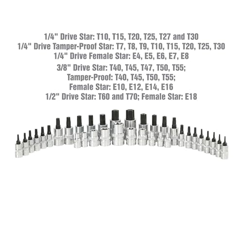 OEMTOOLS 35Pc Multi-Drive Star Socket Set, Heat Treated Torx Socket Set | EVA Foam Tray, Unique Alloy Steel, Rust Resistant Hard Chrome Finish, Posi-Grip No-Slip, 1/4" 3/8" and 1/2" Drive Sockets - size: 35 Piece