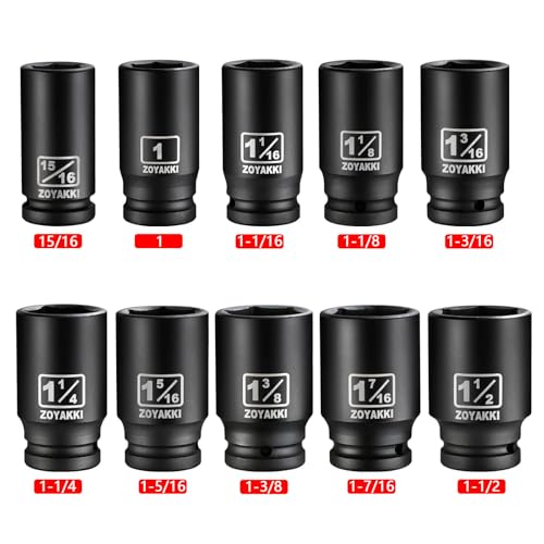 10 PCS 3/4" Drive Impact Lug Nut Socket, SAE 15/16"-1-1/2" Deep CR-MO Socket Set With Case for Impact Driver - size: 3/4" SAE 10PC Set
