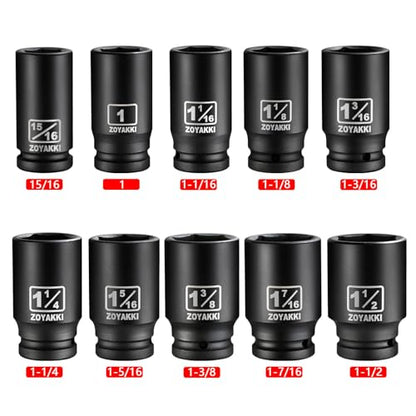 10 PCS 3/4" Drive Impact Lug Nut Socket, SAE 15/16"-1-1/2" Deep CR-MO Socket Set With Case for Impact Driver - size: 3/4" SAE 10PC Set