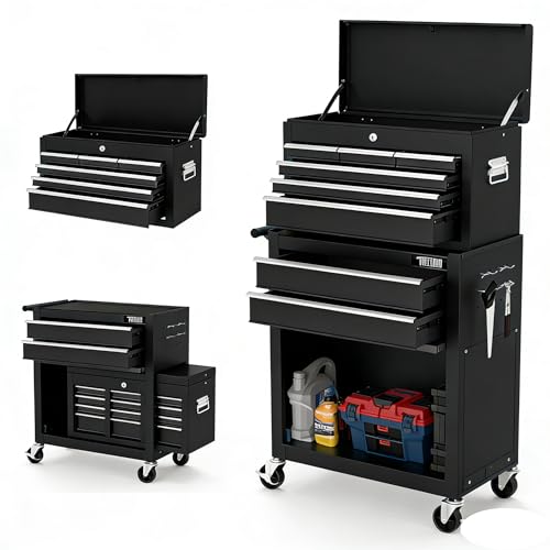 TUFFIOM 8-Drawer Rolling Tool Chest w/Lock, Tool Storage Cabinet w/Wheels, Detachable Top, Drawers & Drawer Liners, Tool Organizer Box for Garage, Warehouse & Repair Shop - color: Black, size: 8-Drawer