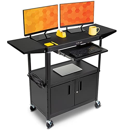 Line Leader Large AV Cart with Locking Cabinet & Drop Leaves, Rolling Height Adjustable Utility Cart with Pullout Laptop Keyboard Tray & Cord Management, Narrow Mobile Workstation (Black, 54 x 18) - color: Cabinet + Keyboard Tray + Dropleaf, size: 32" L x