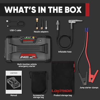LOKITHOR JA400 1750A 12V Jump Starter with Air Compressor, 60W Two-Way Fast Charing, Lithium Car Battery Starter with 150PSI Digital Tire Inflator, Booster Pack for 7.5L Gas or 5.5L Diesel Engines