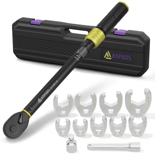 ANPUDS Crowfoot Wrench Set & 1/2" Torque Wrench, 17-36mm Flare Nut Wrench | 6 Point Metric Crows Foot Wrench Set, 10-170 Ft-Lb Click Wrench, Prevents Rounding for Brake, Hydraulic, HVAC & Truck Lines - size: 12pcs Crowfoot Wrench Set
