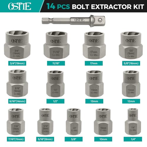 14Pcs Bolt Extractor Socket Set, Impact 3/8" Drive | Easy Out Bolt Extractor Kit, Cr-Mo, 8-19mm, Solid Storage Case, for Stripped/Frozen/Rusted Bolts & Lug Nuts - size: 13+1 Piece