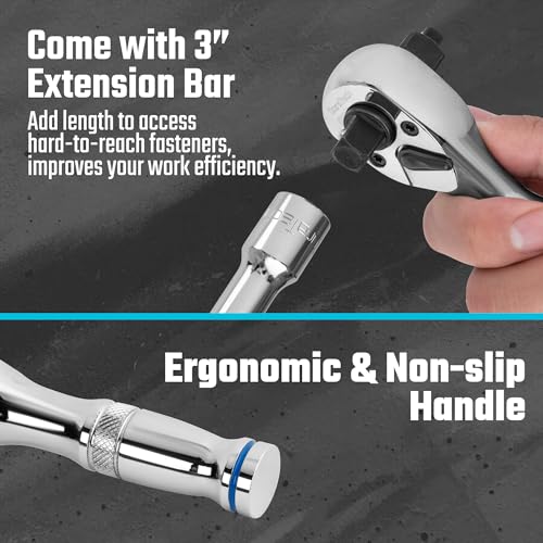 DURATECH 3-IN-1 Stubby Ratchet, 1/4", 3/8", 1/2", with 2 Extension Bars | 72-Tooth, Reversible Switch, Full-Polished Chrome Plating, Alloy Steel - style: Stubby Ratchet Set