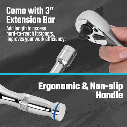 DURATECH 3-IN-1 Stubby Ratchet, 1/4", 3/8", 1/2", with 2 Extension Bars | 72-Tooth, Reversible Switch, Full-Polished Chrome Plating, Alloy Steel - style: Stubby Ratchet Set