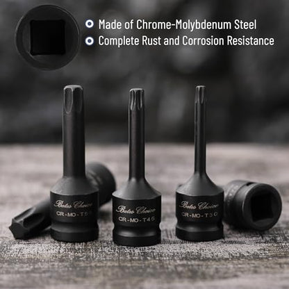 Bates Choice Torx Bit Socket Set, 8 pcs, 1/2 Inch Drive, 3 Inch Long, Cr-Mo Steel, T30-T70, Star Bit Socket Set