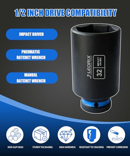 32mm Deep Impact Socket 1/2" Drive CR-MO Steel 6-Point | CR-MO steel impact socket set. 1/2" drive, 6-point design. Deep reach for lug nuts & axle nuts. - size: 32mm