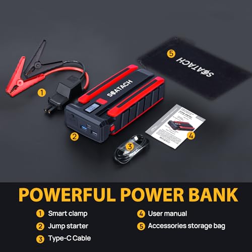 Scatach Jump Starter 5000A, 12V Car Battery Jump Starter Battery Pack (up to 10.0L Gasoline and 8.0L Diesel Engine), Portable Jump Box with Jumper Cable, LED Display, Flashlight - color: light red