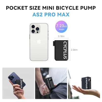 CYCPLUS AS2 Pro Max Tiny Pump Mini with Gauge, Max 120 PSI Cordless Bicycle Air Pump, Auto Stop, with Presta and Schrader Valve for Car, Motorcycle, Bike and Ball