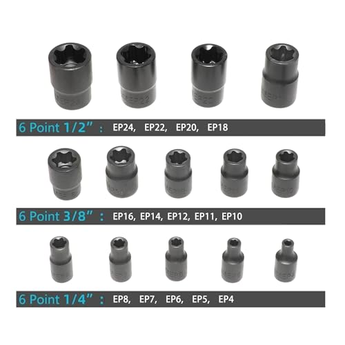 External Torx Plus Socket Set 6 Point EP Socket EP4, EP5, EP6, EP7, EP8, EP10, EP11, EP12, EP14, EP16, EP18, EP20, EP22, EP24 with 1/2'' 3/8'' 1/4'' Dr E-Torx Plus Socket 14pc - size: 14PC