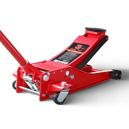 Magshion 3 Ton Low Profile Hydraulic Floor Jack, Dual Piston Trolley Jack with Rubber Saddle Pad, Safety Valve and Casters for Garage and Vehicle Maintenance, Heavy-Duty Steel Construction, Red - color: Red, size: 3 Ton