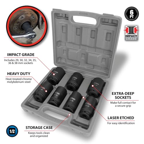 Performance Tool W89323 Axle Nut Socket Set, 1/2" Drive (7 Pieces) - Chrome Molybdenum Steel, Extra-Deep Sockets, Fits Various Domestic and Import Vehicles, Storage Case Included - style: 7 Pc. 1/2" Dr. Axle Nut Socket Set