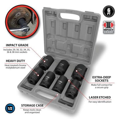 Performance Tool W89323 Axle Nut Socket Set, 1/2" Drive (7 Pieces) - Chrome Molybdenum Steel, Extra-Deep Sockets, Fits Various Domestic and Import Vehicles, Storage Case Included - style: 7 Pc. 1/2" Dr. Axle Nut Socket Set