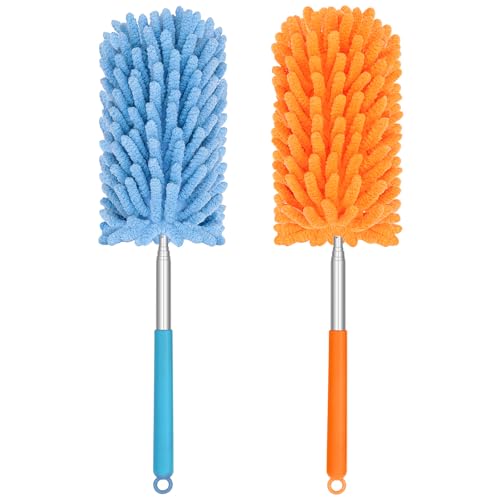 Mini Duster for Cleaning, 360° Bendable Hand Dusters with Extension Pole, Washable Small Duster for Car Interior, Office, Furniture - color: 2 Pack Blue Orange
