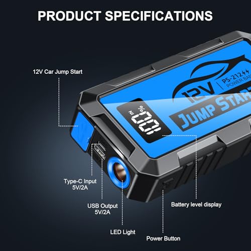 8000A Car Jump Starter, 12V Jump Starter Battery Pack (All Gas,up to 10.0L Diesel Engine) Jumper Cables Portable Lithium Jump Box, USB Output and LED Light - color: blue