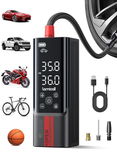 Lamicall Portable Car Tire Inflator Air Compressor 4X Faster 150 PSI | Pressure Gauge Display, Rechargeable, LED Light, Automatic Cordless Air Pump Car Accessories for Motorcycle Bike Wheels Gifts