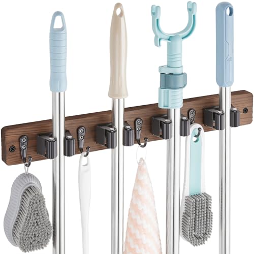 OUTNILI Mop and Broom Holder Wall Mount - Wood Broom Mop Hanger - Wall Mounted Garden Tool Rack Organizer for Closet Garage Laundry Room, Rustic Kitchen Decor With 4 Slots & 4 Hooks - color: Brown-4 Grips, size: 1 Pack