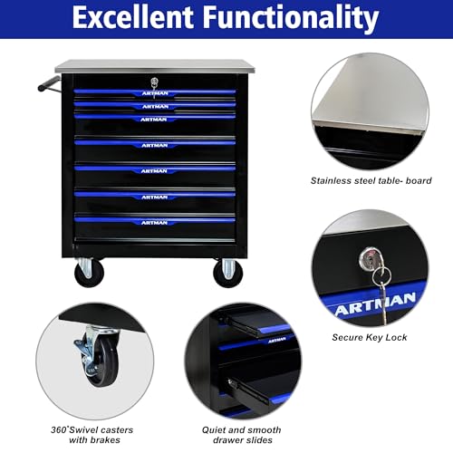 7 Drawer Heavy Duty Rolling Tool Chest, Mobile Metal Lockable Tool Cart with Stainless Steel Worktop, Garage Tool Storage Cabinet for Workshop Auto Repair, Black & Blue, 30.7" H × 25.9" W - size: 7 Drawers