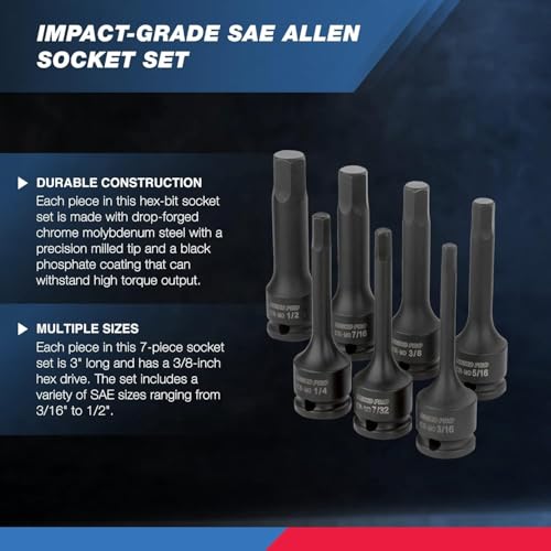 NEIKO 01131B 3/8-Inch-Drive Allen Socket Set, 3-Inch Length, 3/8-Inch Impact Hex-Bit Socket Set, SAE Hex Driver 3/16" to 1/2", CrMo Steel, Impact-Grade, 7-Piece Set - style: SAE