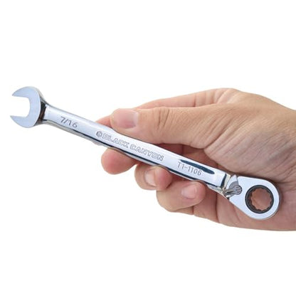 BLACK CANYON 7/16 Inch Ratchet Combination Wrench, 12-Point Box End & Hex Opening, Polished Steel Ratcheting Wrench with SAE & Metric Sizes - size: 7/16 Inch, style: Inch