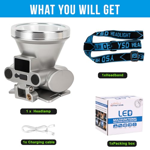 High Brightness LED Headlamp with Display Screen Rechargeable USB-C Waterproof Headlight with Runtime Indicator 4 Lighting Modes Light for Camping, Work, Hunting, Fishing (Mode 505 - White Light) - color: Model-505