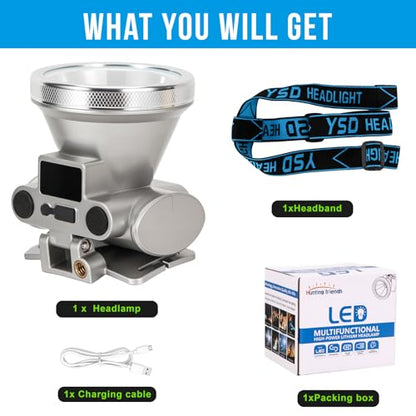 High Brightness LED Headlamp with Display Screen Rechargeable USB-C Waterproof Headlight with Runtime Indicator 4 Lighting Modes Light for Camping, Work, Hunting, Fishing (Mode 505 - White Light) - color: Model-505