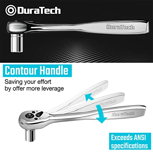 DURATECH 3-Piece Ratchet Set, 1/4", 3/8", 1/2" Drive | 90-Tooth, Quick-release, Contour Handle for Better Grip, Alloy Steel, Organized in Plastic Tray - style: Contour Handle