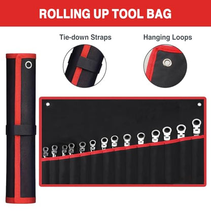 Flex Head Ratcheting Wrench Set, 14-Piece Metric Ratchet Wrenches Set 6-19mm, 72-Tooth CR-V Steel Combination Wrench Set with Roll Up Pouch, Ideal for Automotive Repair - size: 14-pcs + Red Pouch