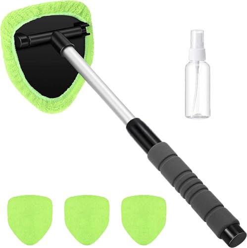 Windshield Cleaning Tool with Extendable Handle, Car Interior Window Cleaner Kit with 4 Reusable Microfiber Pads, Inside Windshield Cleaner for Auto & Home Glass (New) (Green) - color: Green