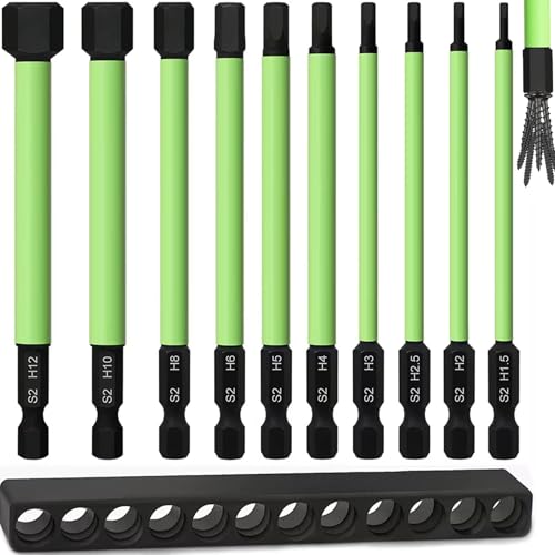 4" Long 10Pcs 1/4" Hex Head Allen Wrench Drill Bits, 1.5MM to 12MM Metric Hex Key Drill Bit Set, Magnetic Tips Screwdriver Socket Bit Set for Ikea Type Furniture (S2 Steel), New Version - style: Set 2: 12MM to 1.5MM, 100MM Green