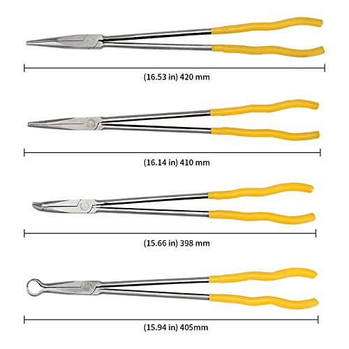 MANCHAP 4 Pieces 16 Inch Extra Long Needle Reach Pliers, Long Needle Nose Pliers Set with Straight, 45 Degree, 90 Degree Angle and Circle Pliers for Tight Space
