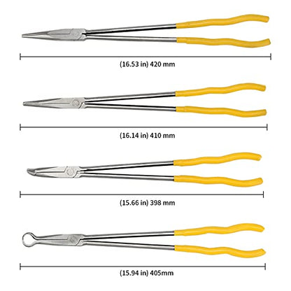 MANCHAP 4 Pieces 16 Inch Extra Long Needle Reach Pliers, Long Needle Nose Pliers Set with Straight, 45 Degree, 90 Degree Angle and Circle Pliers for Tight Space