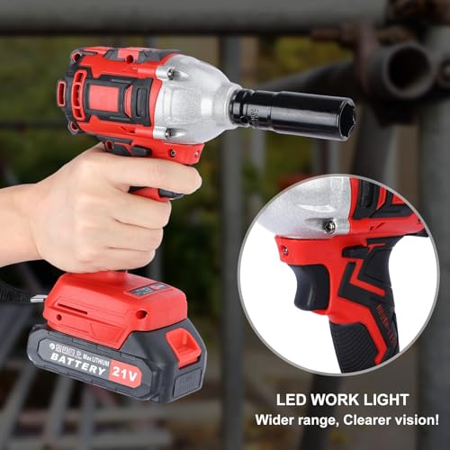 Cordless Impact Wrench - 21V Brushless Motor, 520Nm High Torque, 1/2 Inch Electric Impact Driver, Includes 2 x 1500mAh Batteries - Ideal for Car, Lawn Mower, Red