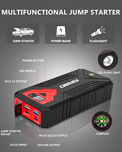 3000A Jump Starter, 24000mAh Car Battery Jump Starter (up to 8.0L Gas and 8.0L Diesel Engine) Battery Jumper Starter Portable, 12V Car Jumper Starter Portable with LED Light and USB QC 3.0