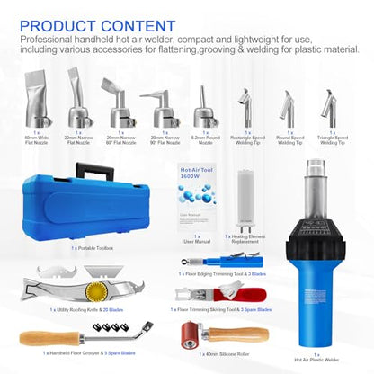 Hot Air Plastic Welder 1600W, Complete Accessories & Nozzles for Plastic Welding Roofing Kit 110V, Vinyl PVC TPO Roof Handheld Hot Air Heat Gun Plastic Welding Torch - size: Complete Accessories Ver. (In Carrying Case)