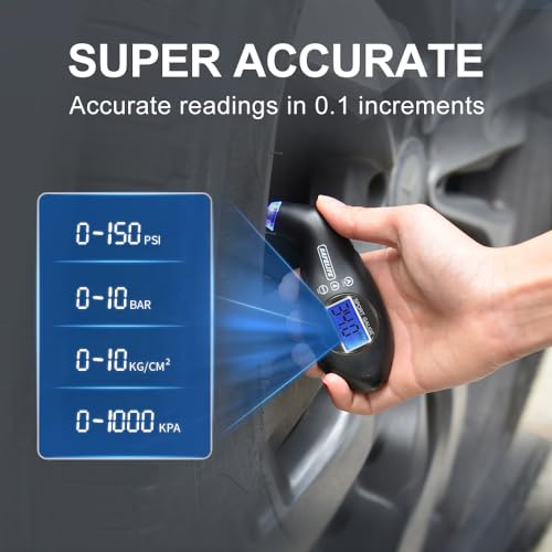 SAFELIFE Digital Tire Pressure Gauge 150 PSI 4 Settings with Backlit LCD and Non-Slip Grip (2package)