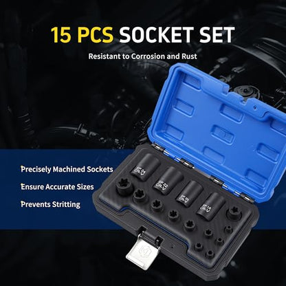 15pc External Torx Plus Socket Set Compatible with Tesla, 6 Point EP Sockets EP4, EP5, EP6, EP7, EP8, EP10, EP11, EP12, EP14, EP16, EP18, EP20, EP22, EP24 with 1/2'' 3/8'' 1/4'', Black - color: Black