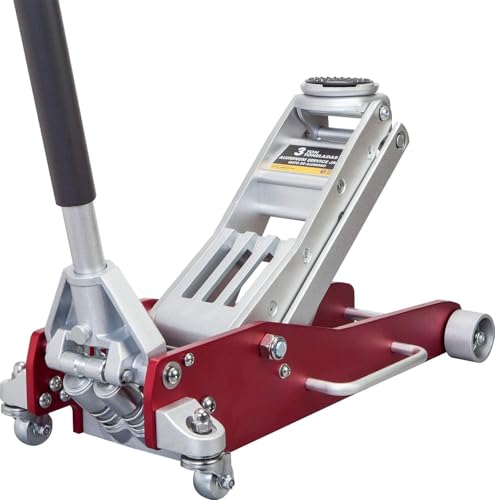 Mustmover 3 Ton (6,600 lbs) Low Profile Aluminum Hydraulic Racing Floor Jack with Dual Piston Quick Lift Pump, Lifting Range 3.74" to 18.9", for Cars, Trucks and SUVs, Red - color: red