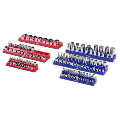 VEVOR Magnetic Socket Organizer Set, 6PCS Socket Holder, 1/4'', 3/8'' & 1/2'' Metric SAE Socket Trays with Clear Labels, Hold up to 143PCS Standard & Deep Sockets, Blue & Red (Sockets Not Included) - style: 6pcs Metric & SAE