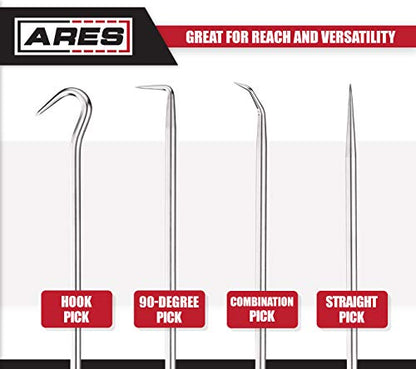 ARES 70246 Hook and Pick Set, 4-Piece, Chrome Vanadium Steel | Includes a large straight pick, 90 degree pick, combination pick, and a hook pick - size: 4-Piece Hook and Pick Set