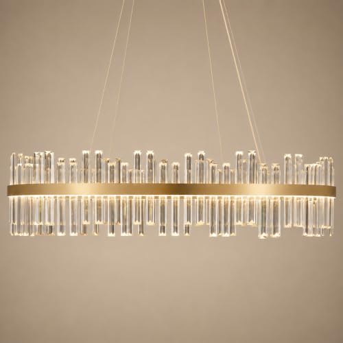 39.5'' Modern Gold Crystal Chandelier - K9 Crystal LED Dimmable Chandeliers With Remote Control for Dining Room - Luxury Brass Adjustable Pendant Ceiling Light Fixture For Living Room Bedroom Entryway - color: Gold, size: 39.3 Inch