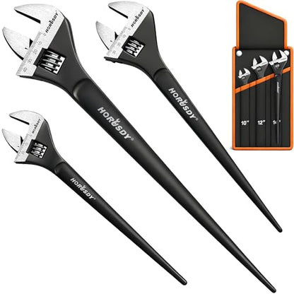 HORUSDY 3-Piece Adjustable Spud Wrench Set, 10", 12", 16", CR-V Steel, SAE & Metric Scale, Black Oxide Finish, Heavy Duty Wrenches for Construction, Mechanical Repair, DIY and Outdoor Projects - style: 3PC Spud Wrench Set, 10" 12" 16"
