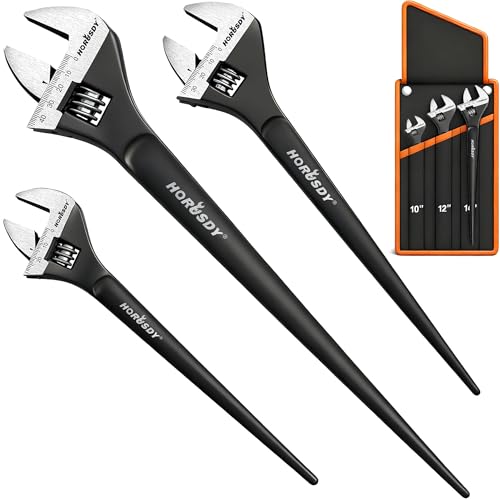HORUSDY 3-Piece Adjustable Spud Wrench Set, 10", 12", 16", CR-V Steel, SAE & Metric Scale, Black Oxide Finish, Heavy Duty Wrenches for Construction, Mechanical Repair, DIY and Outdoor Projects - style: 3PC Spud Wrench Set, 10" 12" 16"