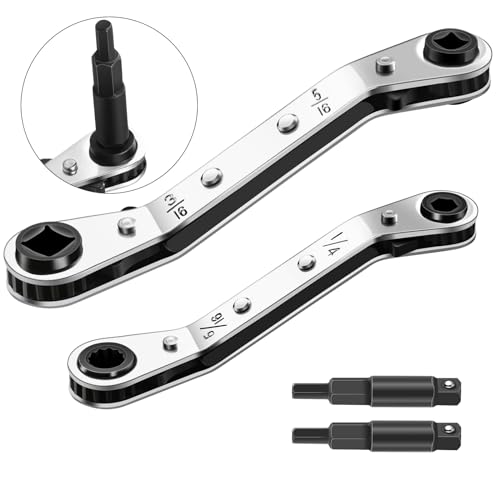 Zhehao Hvac Service Wrench Refrigeration Service Wrench Set, 3/8 to 3/16, 5/16 x1/4, Ratchet Refrigeration Tool Set Air Conditioner Valve with Hexagon Bit Adapter Kit for Equipment Repair