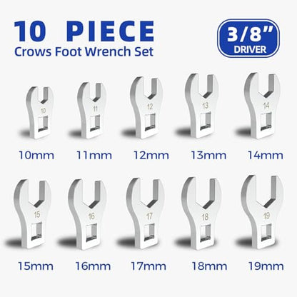 3/8" Drive Crowfoot Wrench Set, 10 Piece Cr-V Steel + Ni-Cr Plating Super Hard Open End Crow Foot Tool Set, Metric 10-19 mm Crows Feet Wrench Set with Storage Pouch for Home Bike Car Repair - style: Regular - Metric